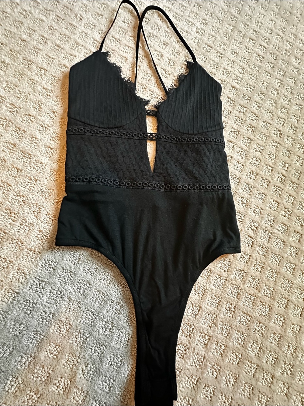 superdown Black Lace Trim Plunge Bodysuit